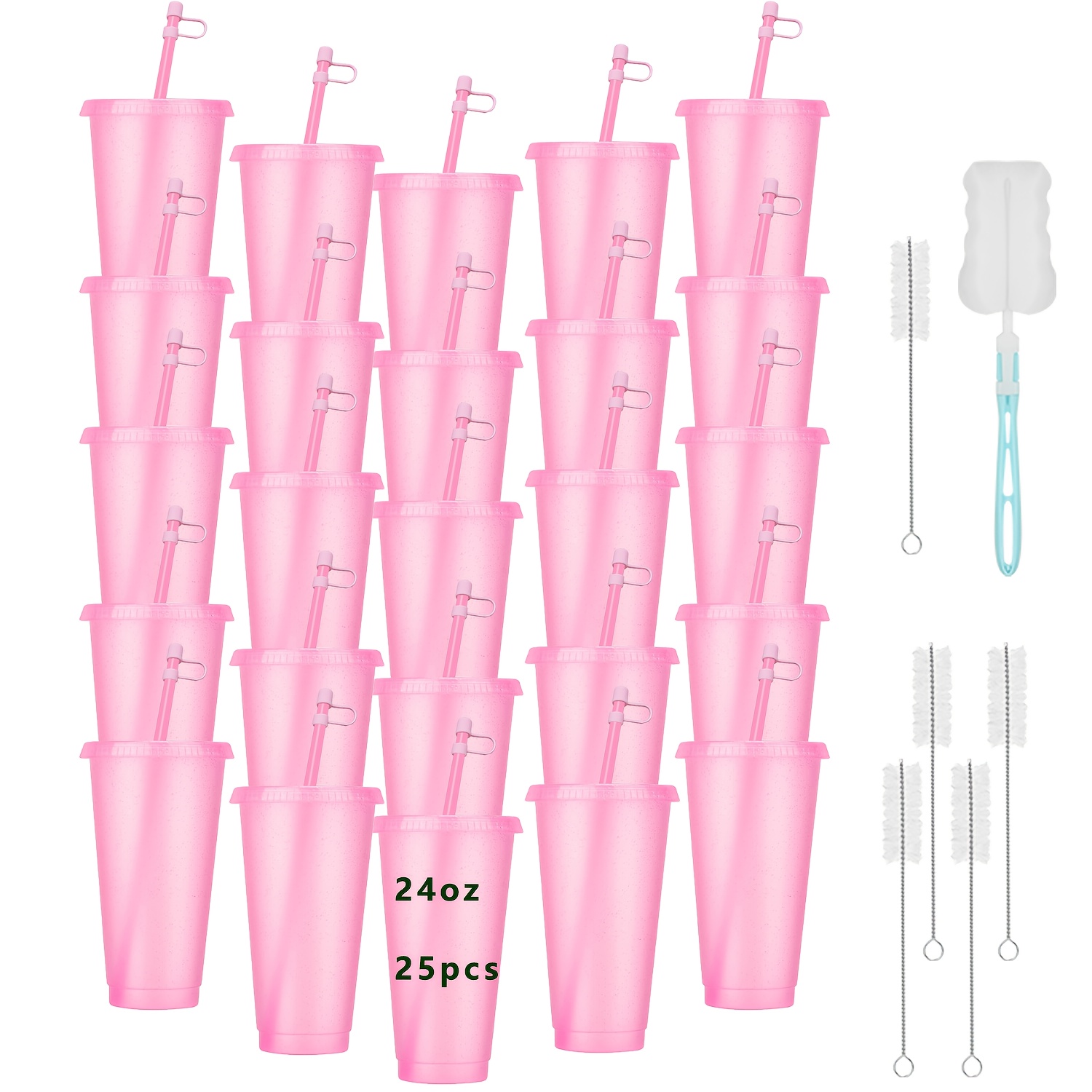 TEMU 25-pack 24oz Frosted Plastic Tumblers With Lids, Straws & Dust Covers - Reusable Party Cups With Cleaning Brushes | Spring Camping Essentials &