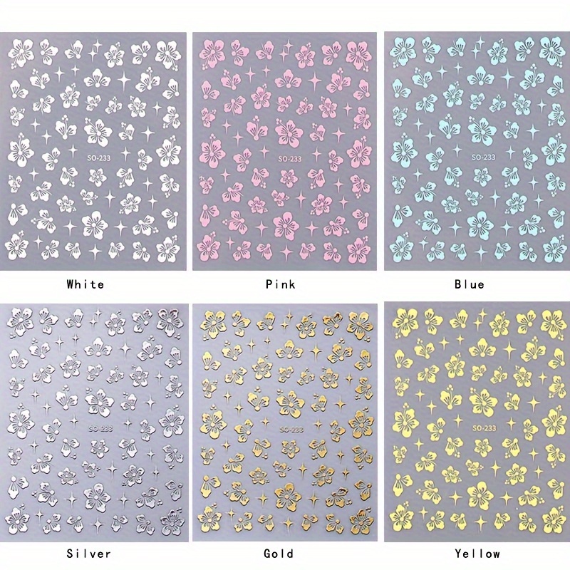 Image of 6 Sheets Of Hibiscus Flower Nail Art Stickers In Pink, White, Yellow, Golden, Silvery, And Blue For Self-adhesive Nail Decorations, Perfect For Nail Salon Embellishments For Women And