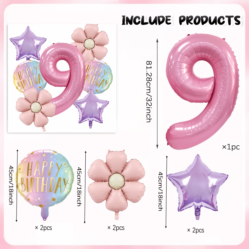 TEMU 7pcs Set - Birthday Background Decoration Balloon Set, Including 32-inch Foil Balloons 0-9, Light Flower Heads With "happy Birthday" And Star