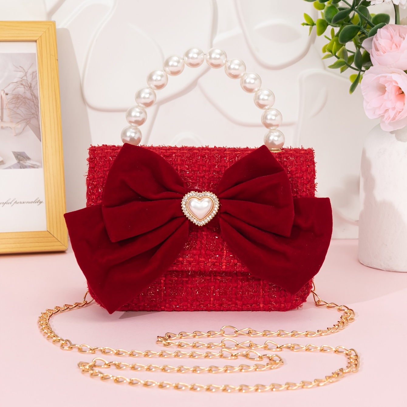 TEMU 1pc Red Princess-style Large Bow Decoration, With A Stylish Metal Chain, Suitable For Holiday Gifts, Evening Bags, And