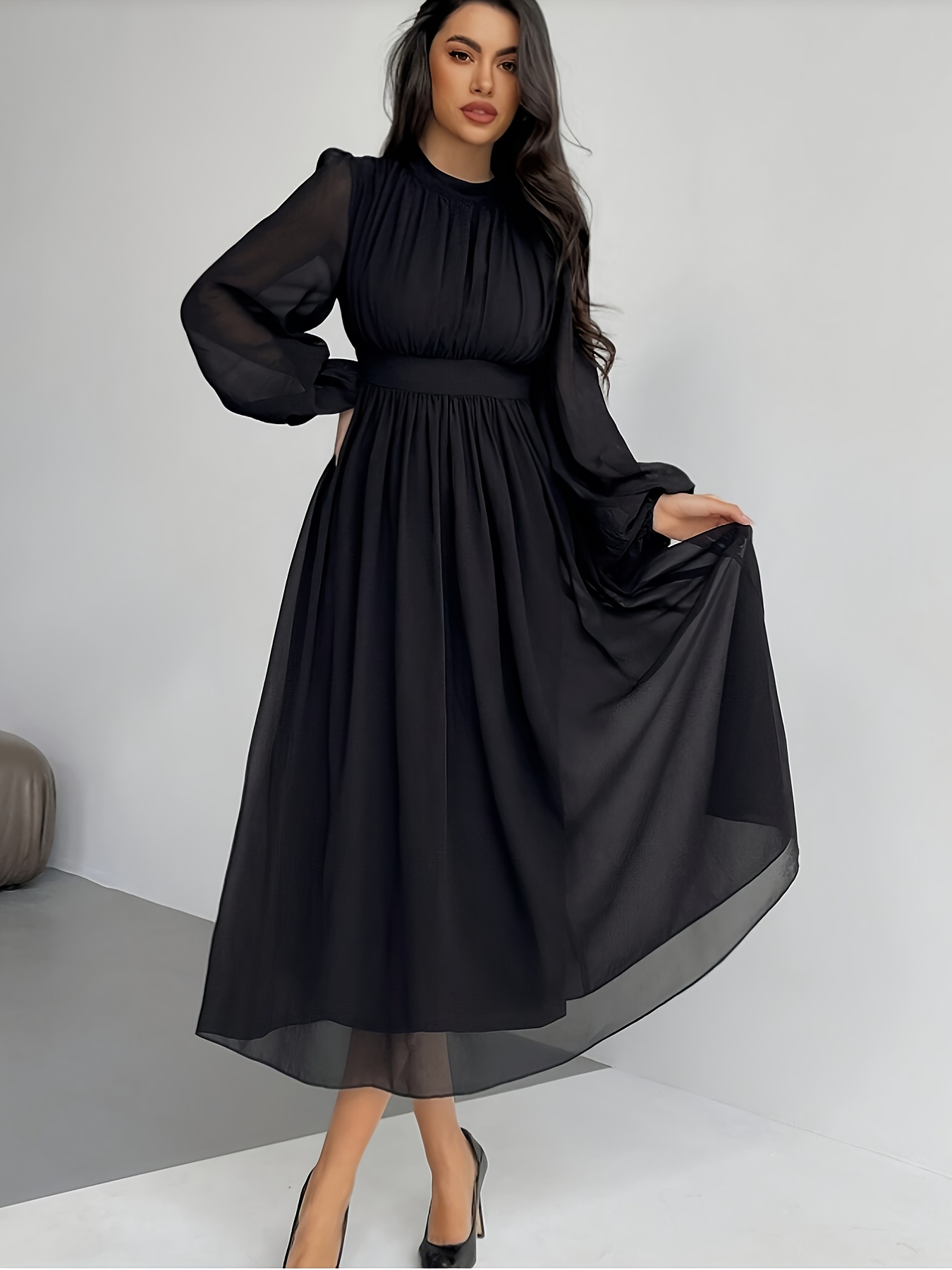 womens elegant black long sleeve dress puff sleeves flared - Temu Bahrain