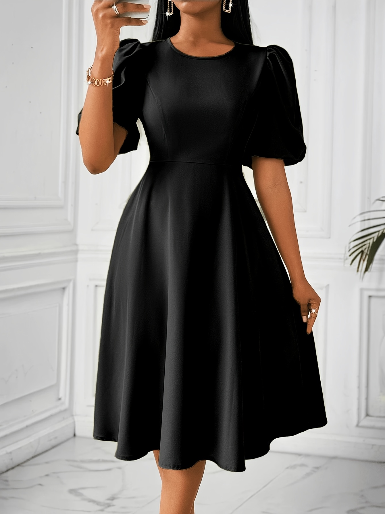 Women's Elegant Black Round Neck Puff Sleeve Dress A-Line Flared Hem  Knee-Length Summer Casual Dress with Zipper Back, Machine Washable, Evening 