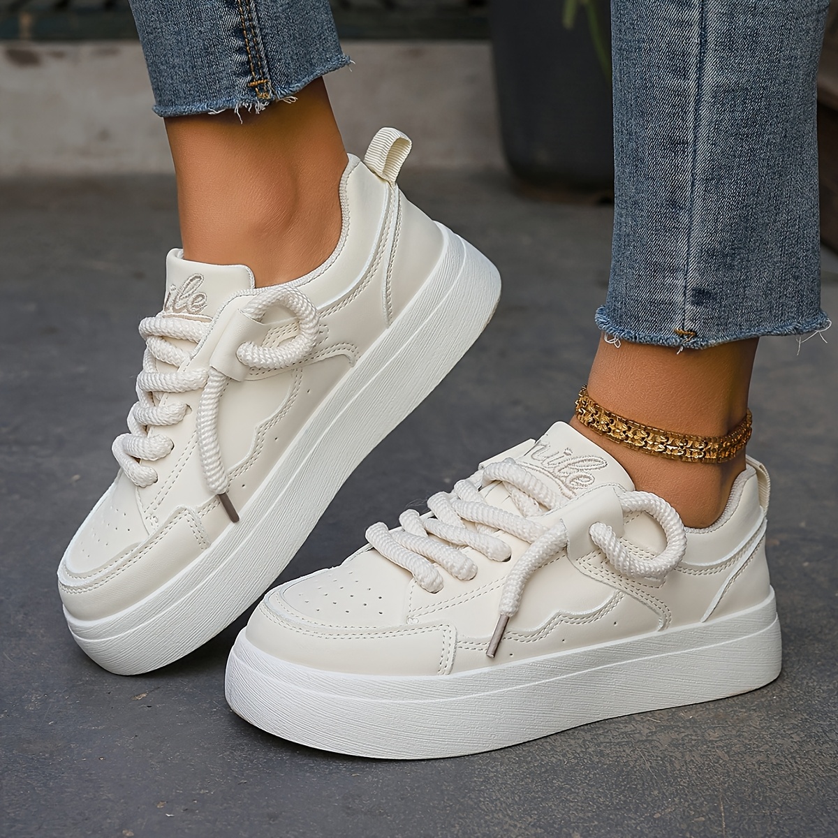 Women's Solid Color Casual Sneakers, Lace Up Platform Shoes