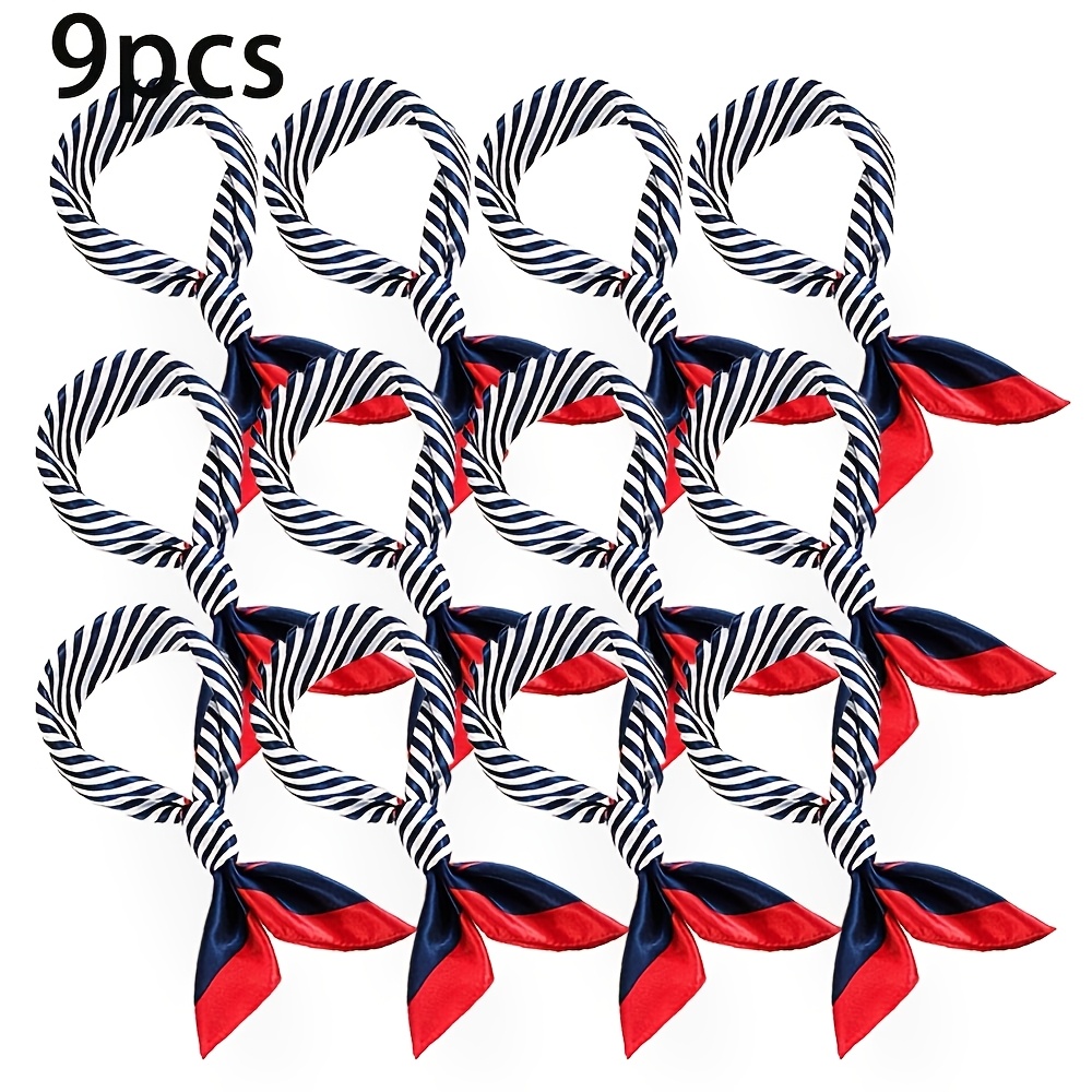 TEMU 9pcs Women's Satin Bandanas, Navy Blue And White Striped Red Scarves, Lightweight Fashion, Suitable For Office Casual, Sailor , Scarves, And