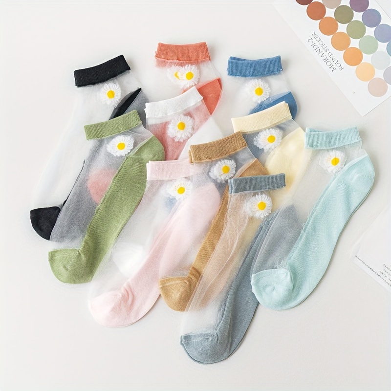 TEMU 10 Pairs Sheer Pattern Socks, Style Short Socks, Women's Stockings & Hosiery