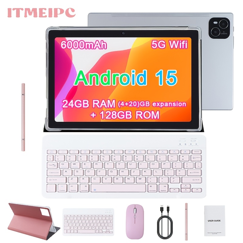 imagen del artículo tablet   de 10.1 pulgadas, paquete   con teclado, ratón, lápiz óptico, 24gb (4gb + 20gb  )   128gb rom, soporte para   tf de 1tb, wifi 5g, batería de 6000mah, pantalla ips hd, cámara dual, tablet   15, pre-  para  , tablet, pad