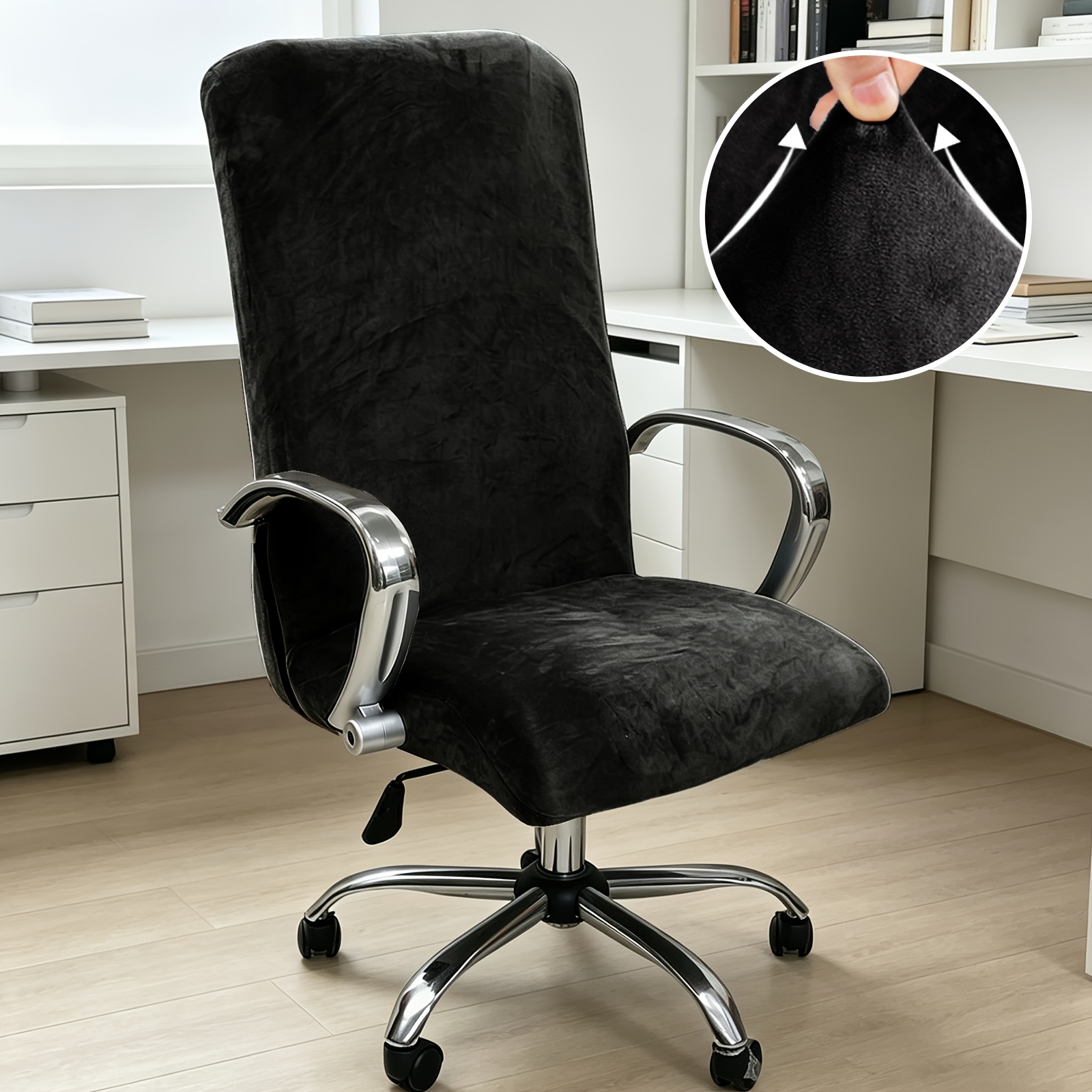 TEMU Housse de chaise de bureau extensible en velours peluche renard argenté avec housses d'accoudoirs, Housse de chaise d'ordinateur élastique de