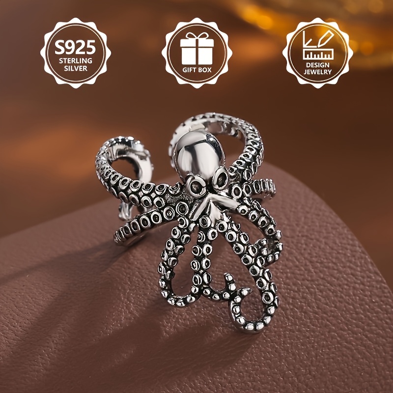 925 Sterling Silver Octopus Ring, Vintage Chunky Unique Design