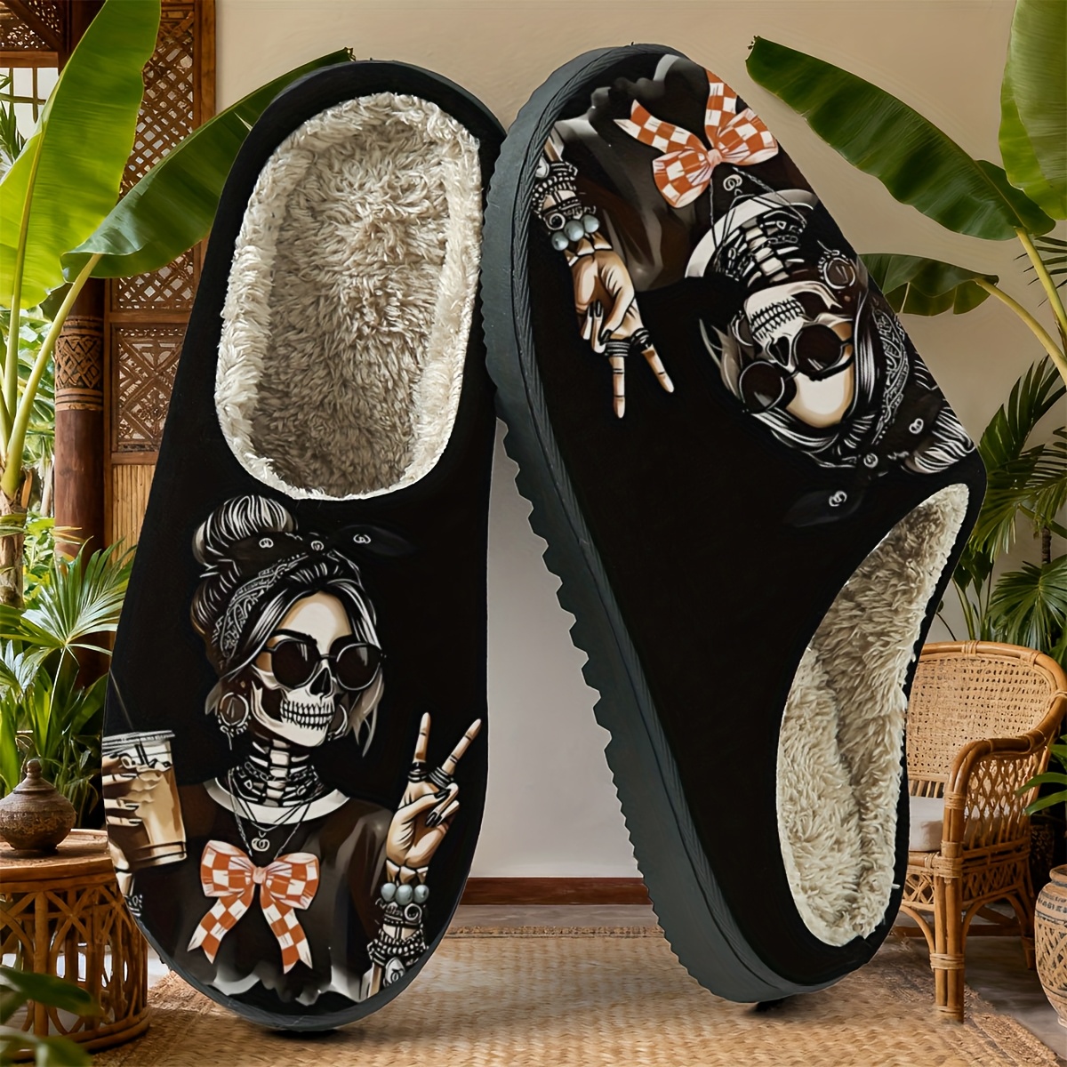 Image of Dark And Edgy Skull Slippers: Featuring A Base, Slippers Showcase A Skull Holding A Drink, With A Bow And To . A Soothing, Dark Fashion Vibe