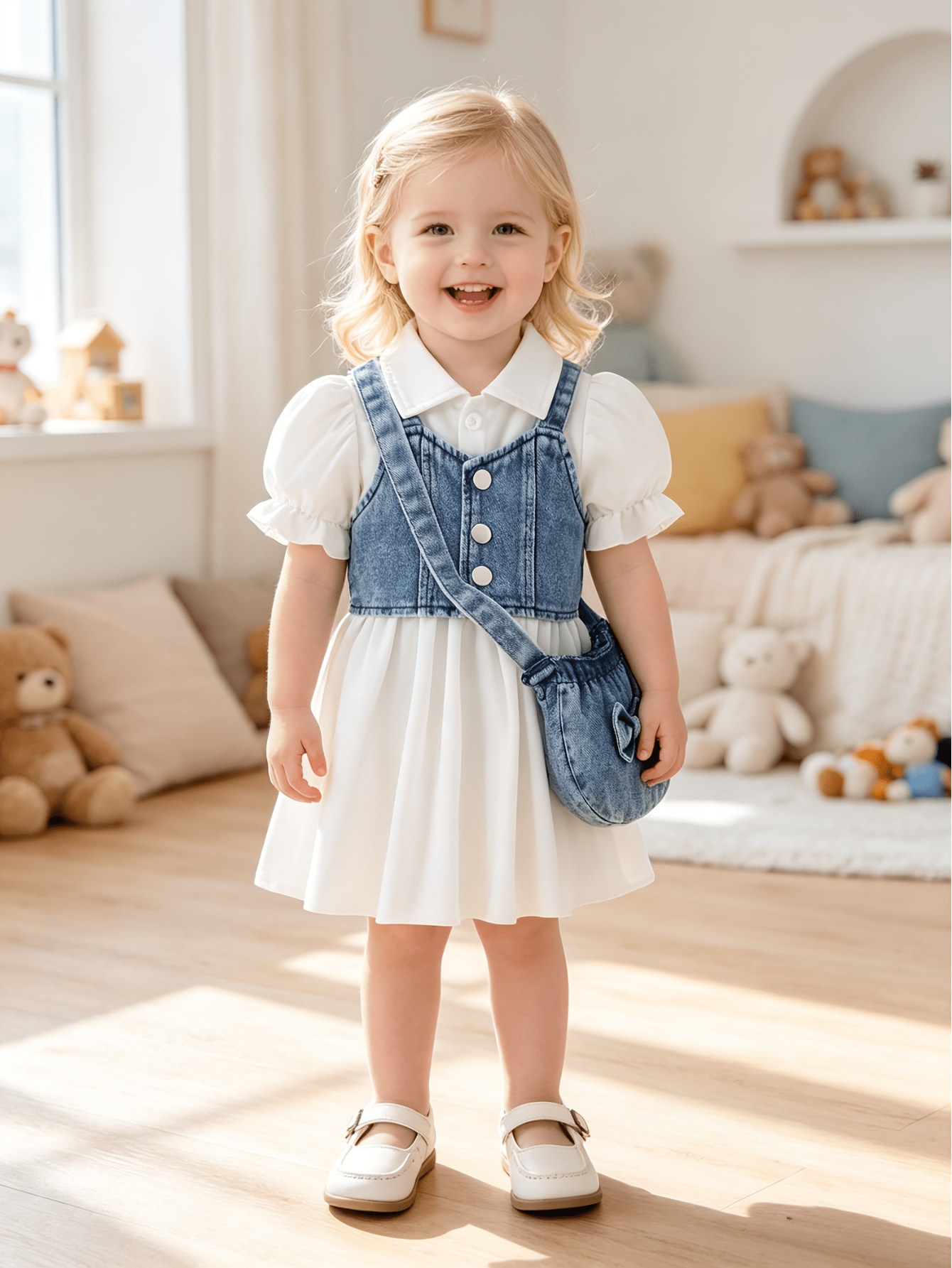 Three-Piece Baby Girl Set: Denim Short Vest Jacket + Plain Notched Neck Bubble Short-Sleeve Belted Dress + Bow-Decorated Denim Crossbody Bag, for Outdoor