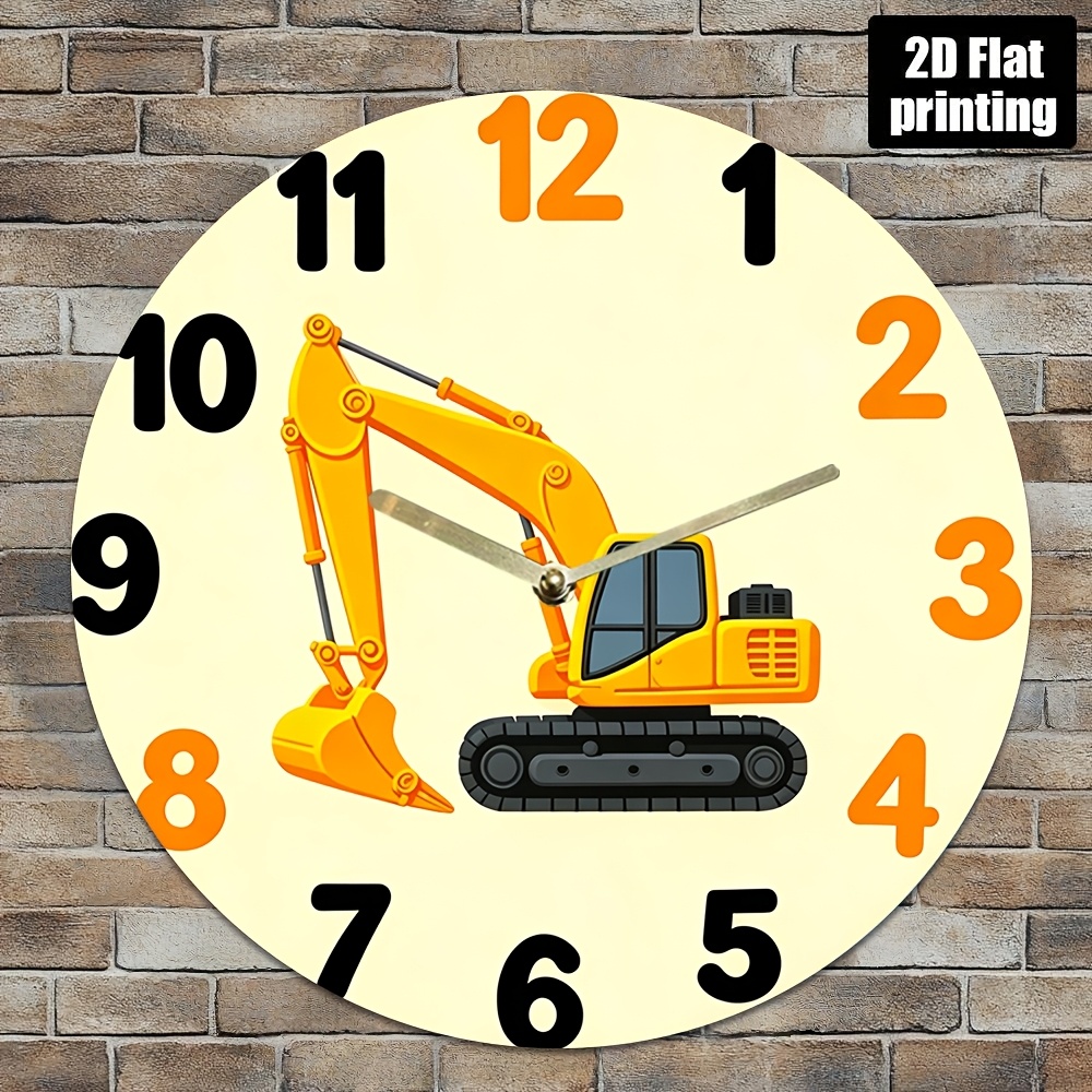 TEMU 8-inch Silent Orange Excavator Wall Clock - 2d Flat Acrylic Quartz Design, Battery Powered (aa Battery Not Included), Perfect For Living Room,