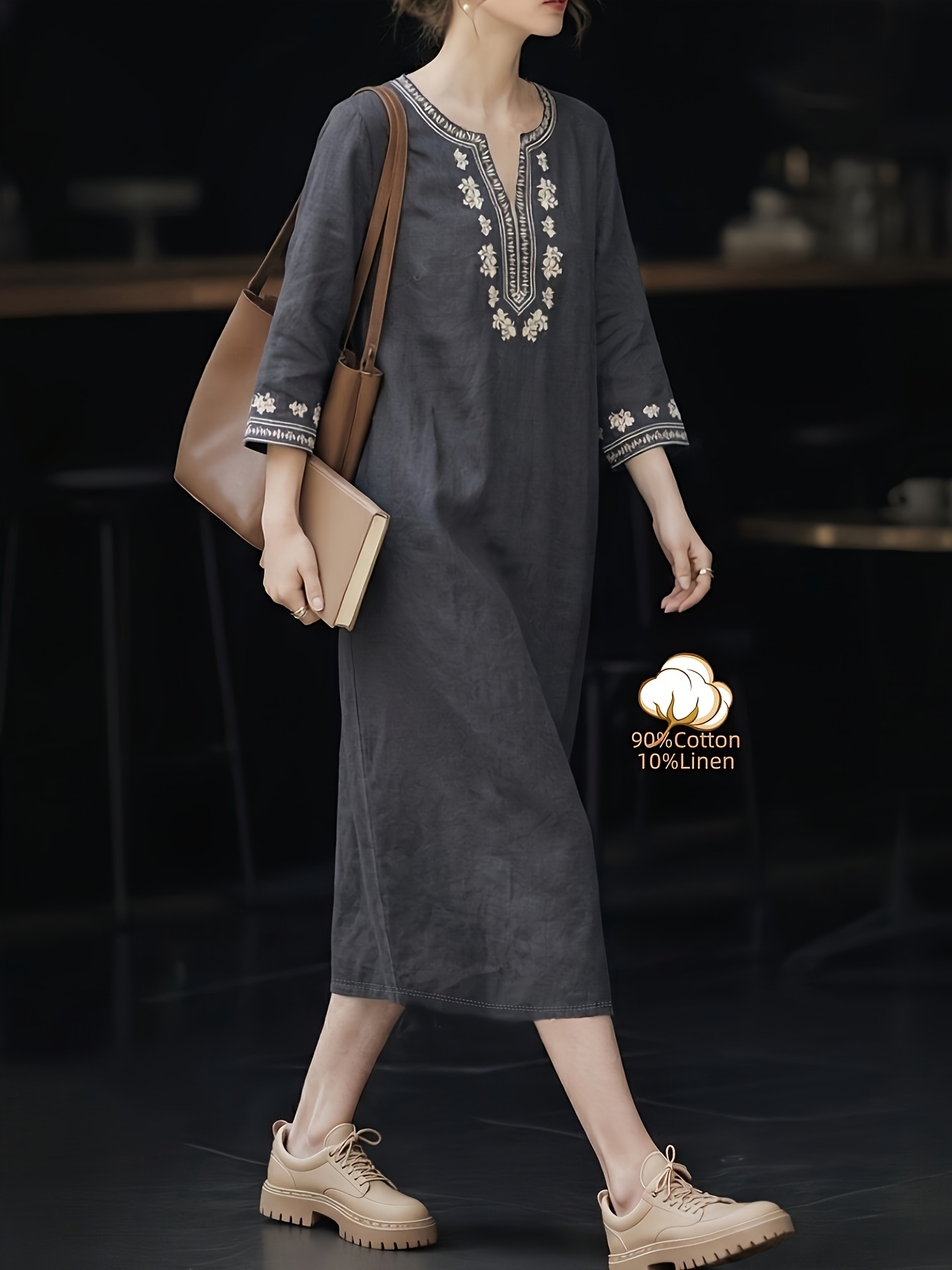* Ethnic Embroidery Dress Spring Casual Elegant V-Neck And Linen Skirt  Loose Short-Sleeved Travel Long Skirt