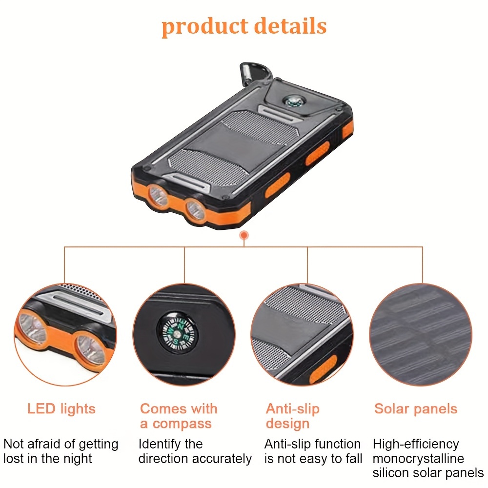 2025 super 30000mah usb portable charger solar power bank for cell phone solar mobile power portable charger for all devices long lasting travel camping led flashlight compass and hiking for festival details 3