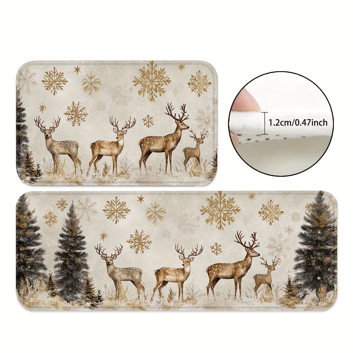 

Christmas Deer & Snowflakes Kitchen Mat, 1.2cm Thick, Non-slip Polyester, Machine Washable, Rectangular, Festive Holiday Doorway Rug For Home, Bathroom, Kitchen Use