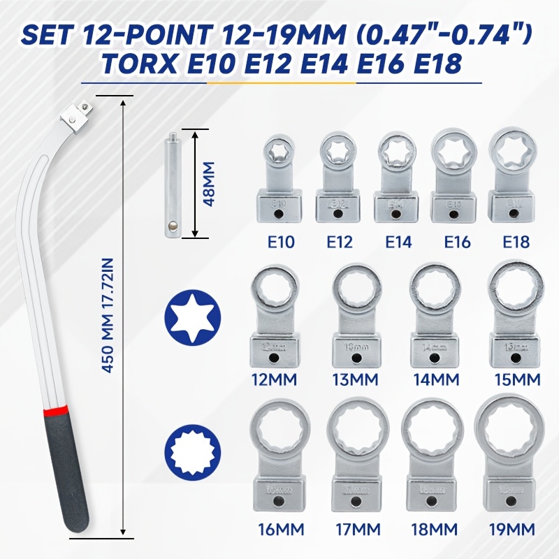 TEMU 15pcs Auxiliary Timing Belt Tensioner Pulley Wrench Set 12-point 12-19mm (0.47"-0.74") Torx E10 E12 E14 E16 E18, Universal Fit For Most Vehicle Types, Without Battery