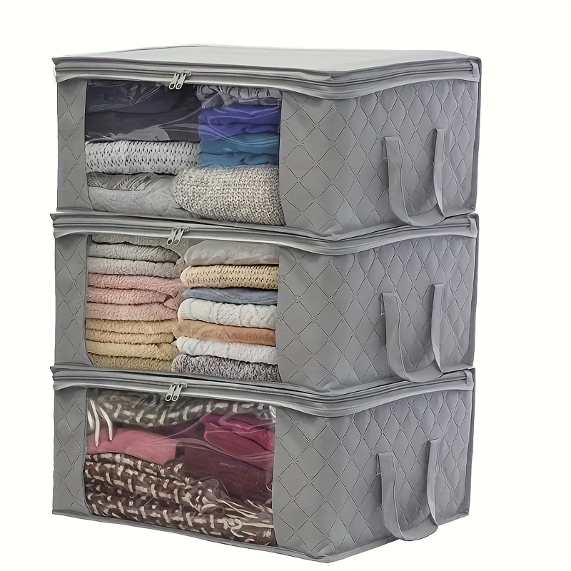 

3pcs Foldable Closet Storage Bins With Lids & Handles - Spacious, Collapsible Organizer For Bedroom Clothing, Comforters & Linens