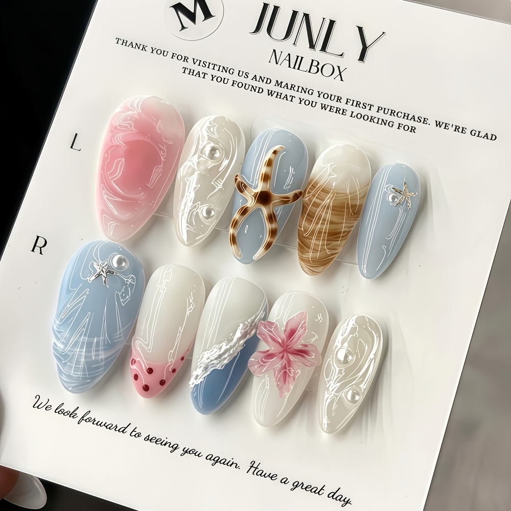 TEMU Make More Beautiful - 10pcs Long Almond-shaped Nail Stickers. Island-style Relief Nail Stickers. Fresh And Nail Stickers. Handmade Glue-dipped