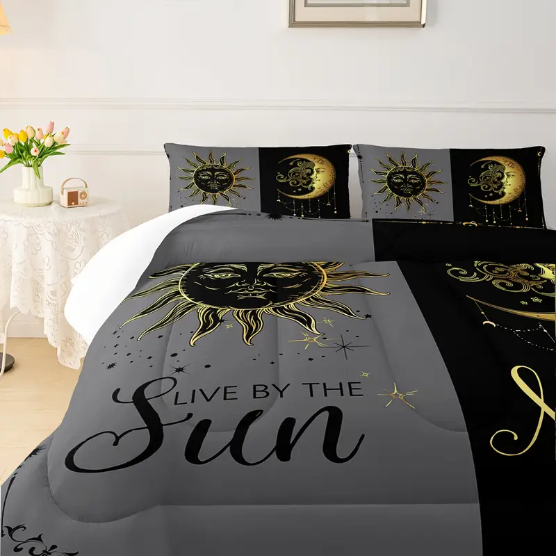 3 pcs couple comforter set sun and moon themed printed bedding queen and king comforter set for adults elegant and comfortable down comforter set 1 comforter 2 pillowcase without core Product details 2
