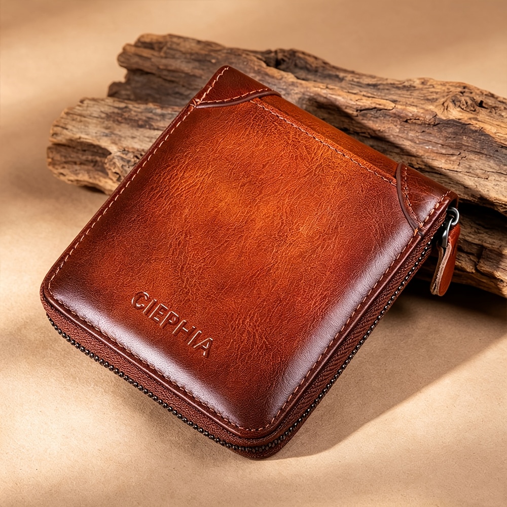 TEMU Men's Genuine Leather Zipper Wallet Rfid Blocking Large Capacity Double Fold Multi-card Top Layer Leather Wallets For Men And Coin Purse