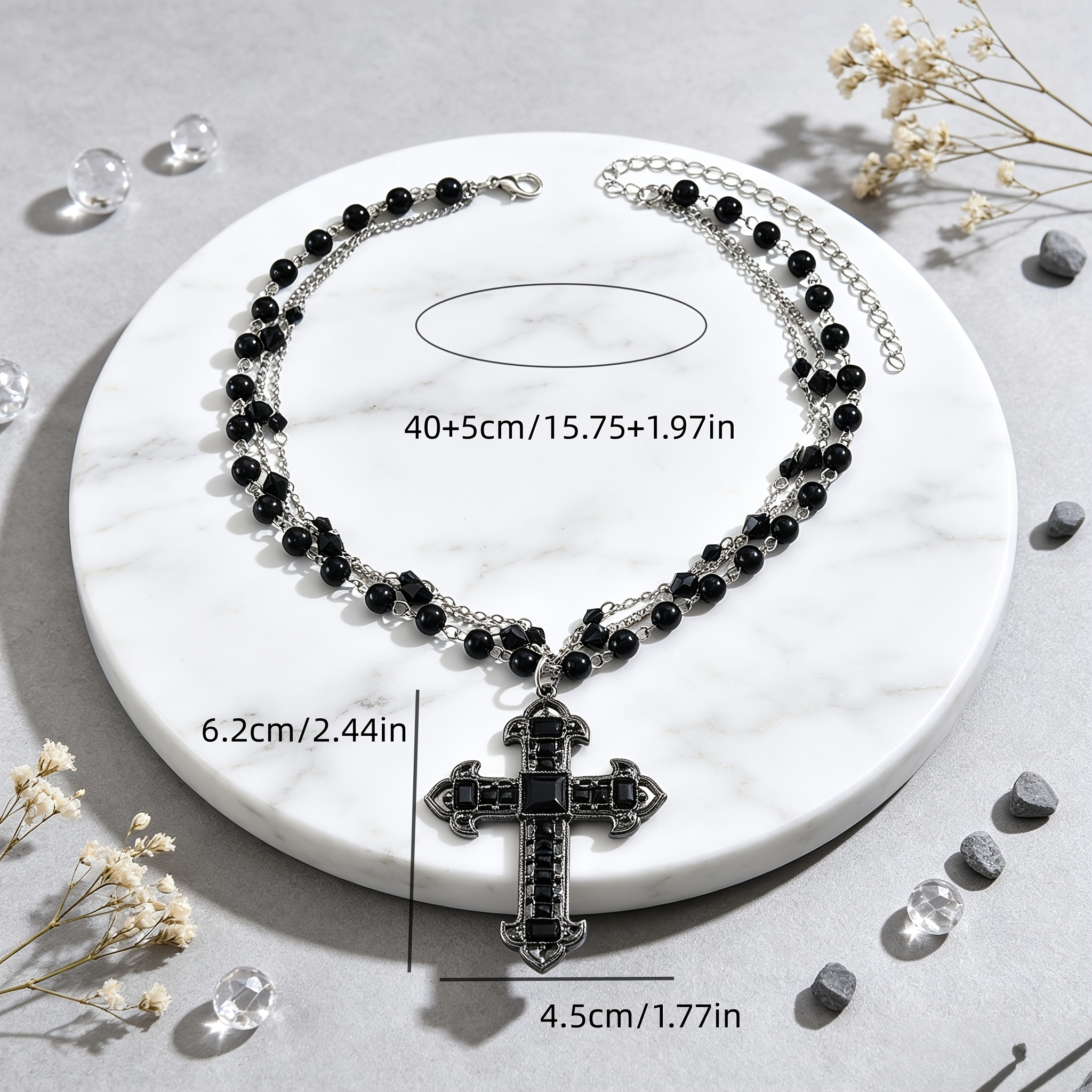 Women's Multi-Layer Black Bead Chain with Vintage Cross Pendant Necklace