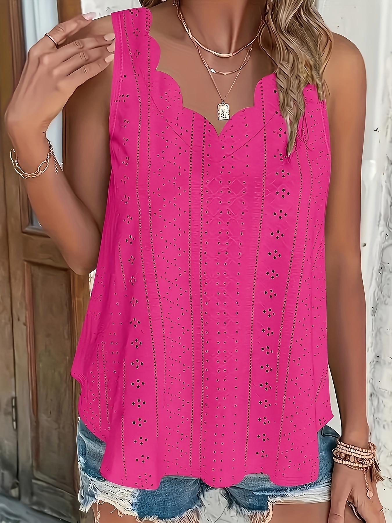 Plus Size, Women's Plus Size Casual V-Neck Sleeveless Tank Top - Asymmetrical Hem, Jacquard Detail, Breathable Stretch Fabric, Machine Washable, All-Season Wear, Ladies Tank Tops, Offshoulder Styling, Pearlescent Sheen Finish