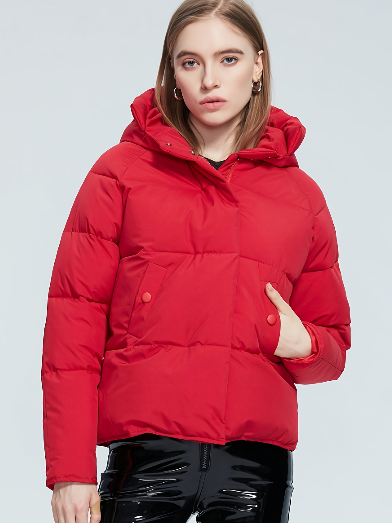stylish red puffer winter jacket women warm polyester short Temu