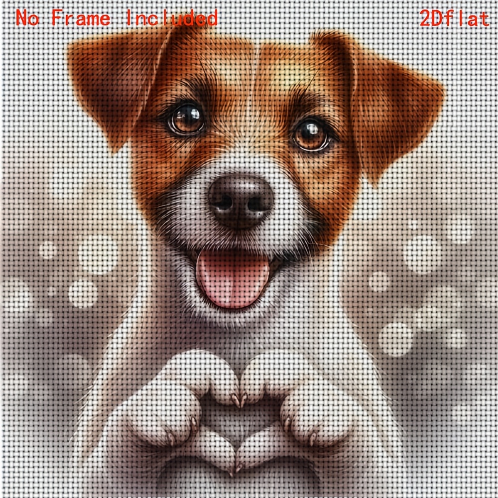TEMU 1 pièce Nouveau kit de point de croix imprimé cadre à soi-, motif 2D "Chiot faisant un cœur avec la langue tirée", ensemble de broderie