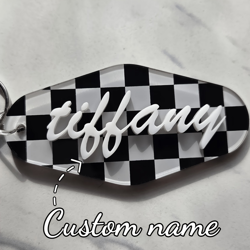 TEMU 1 Custom Acrylic Keychain With Personalized 3d Name, Pink And White Checkered Hotel Keychain, Vintage Black And White Keychain, Party Travel