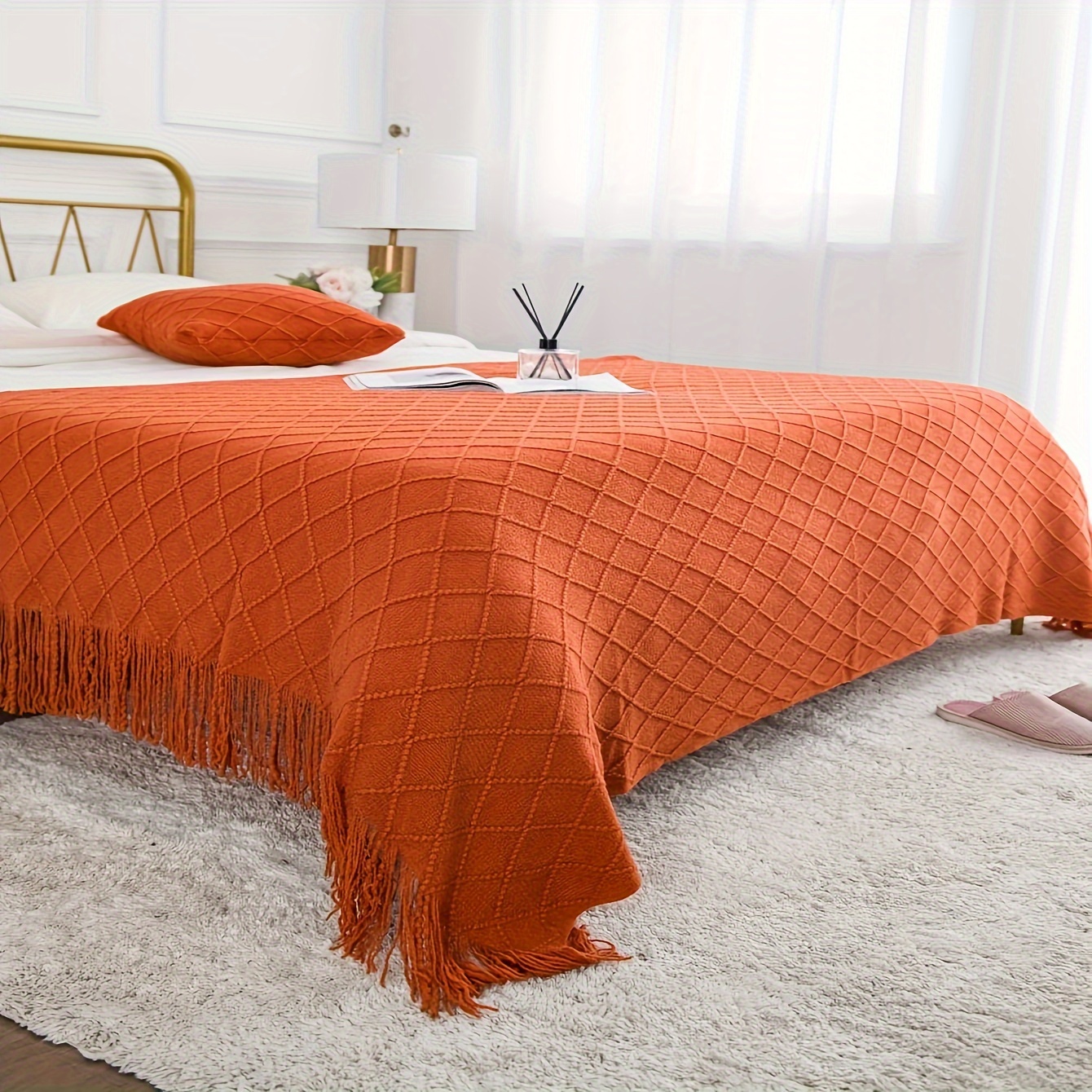 TEMU 1pc Nordic Style Solid Color Rhombus Blanket For Bedroom, Office, , Soft And Comfortable, Machine Washable, Multiple Sizes , For Bedroom, Dorm,
