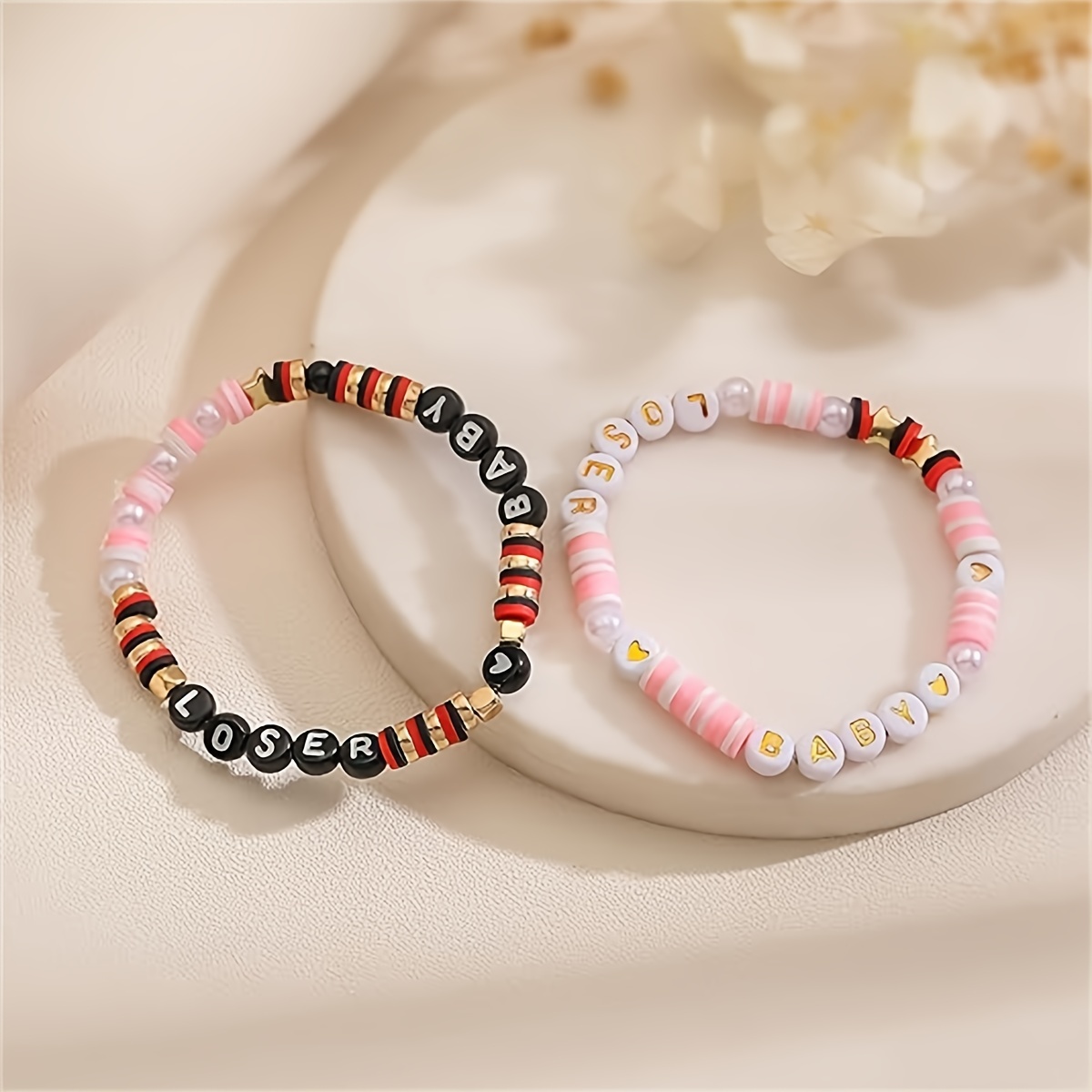 

Boho Style Polymer Clay Beaded Bracelets Set Of 2 - "loser" And "baby" Lettering, Non-plated, Unisex, Perfect For Couples, Best Friends, Classmates - Ideal For Valentine's Day, Birthdays & Daily Wear