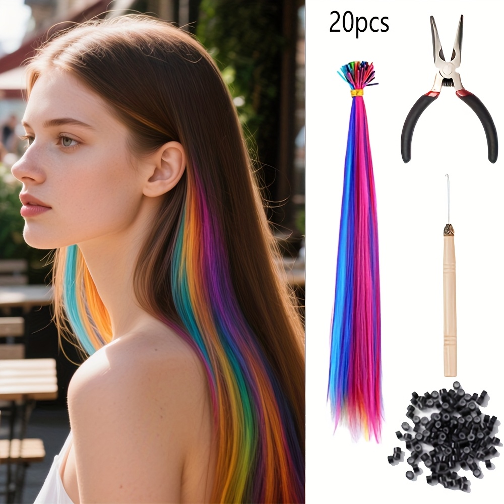 20 and 50pcs mixed color rainbow hair extensions 16 inch   synthetic hair extensions long colored with beads and loop tool for hair extension for women girls diy kit   use details 3