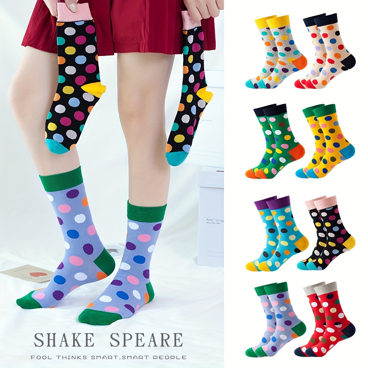 

8 Pairs Colorful Polka Dot Socks, Hip Hop Skateboard Mid Tube Socks, Women's Stockings & Hosiery