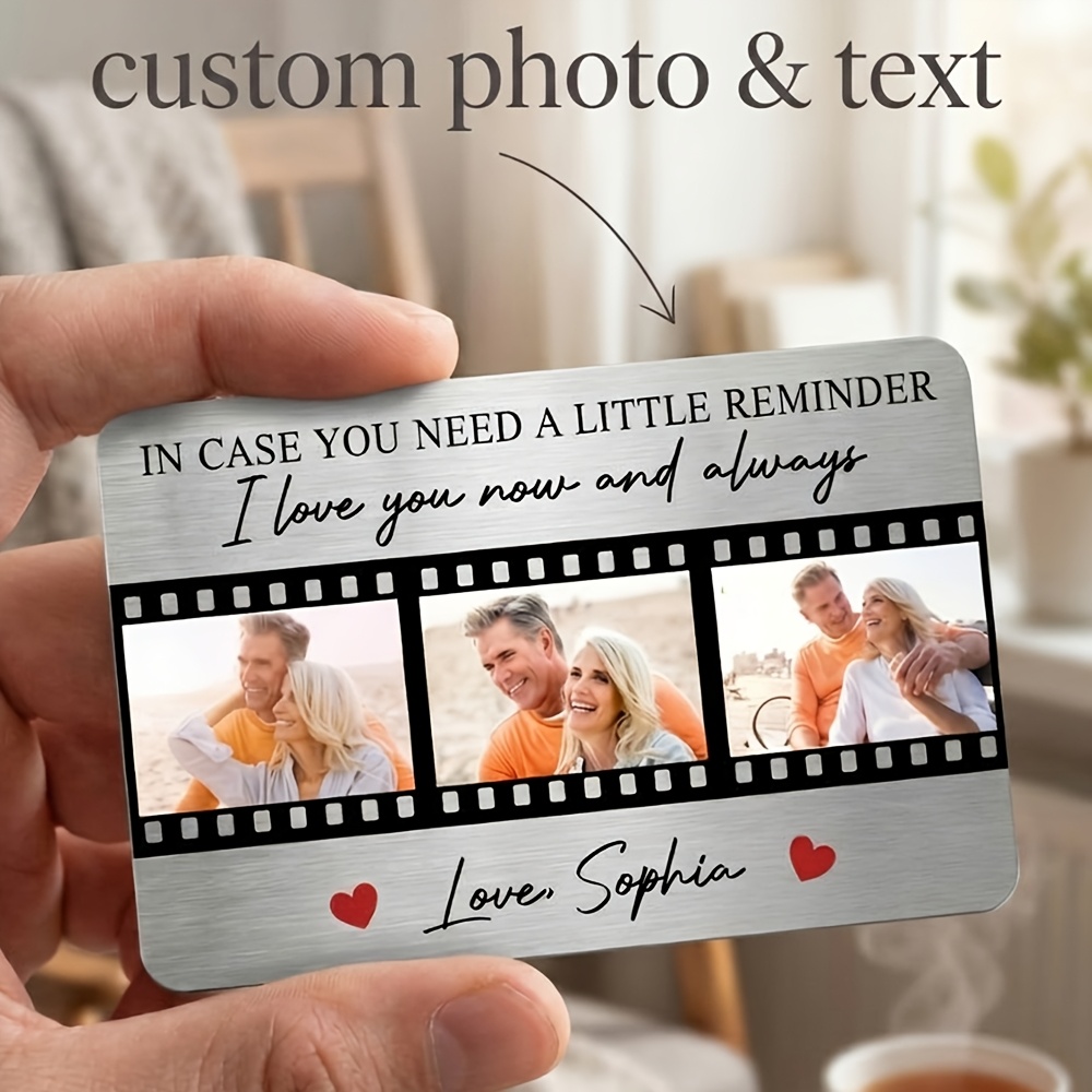 TEMU Personalized Custom Metal Photo Wallet Card, Can Print 3 Photos With Custom Text, "i Love You, Now And Forever" Romantic Design, Couple's