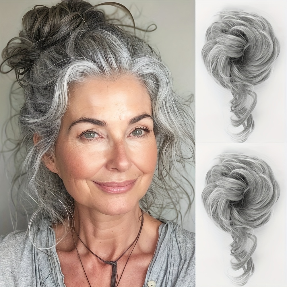TEMU A Pair Of Messy Grey Wig Hair Buns Made From Synthetic Fibers, Perfect For Girls To Wear