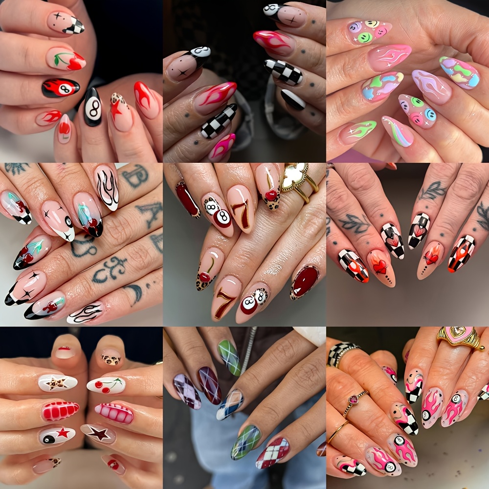 TEMU 216pcs Long Almond Bulk Press On Nail Set With Clear Storage Box, 9 Assorted Y2k Goth Themed Styles, Nude Base With Hand-drawn Flame, , Heart,