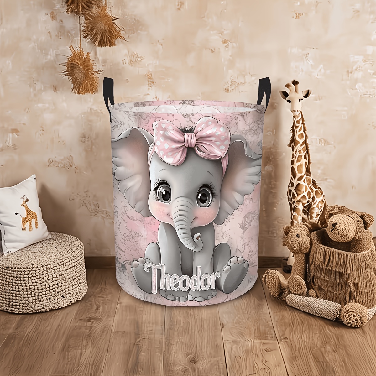 TEMU 1pc Cute Cartoon Elephant Laundry Basket With Pink Polka Dot Bow And Soft Pastel Background - Country Style Round Storage Basket, Durable