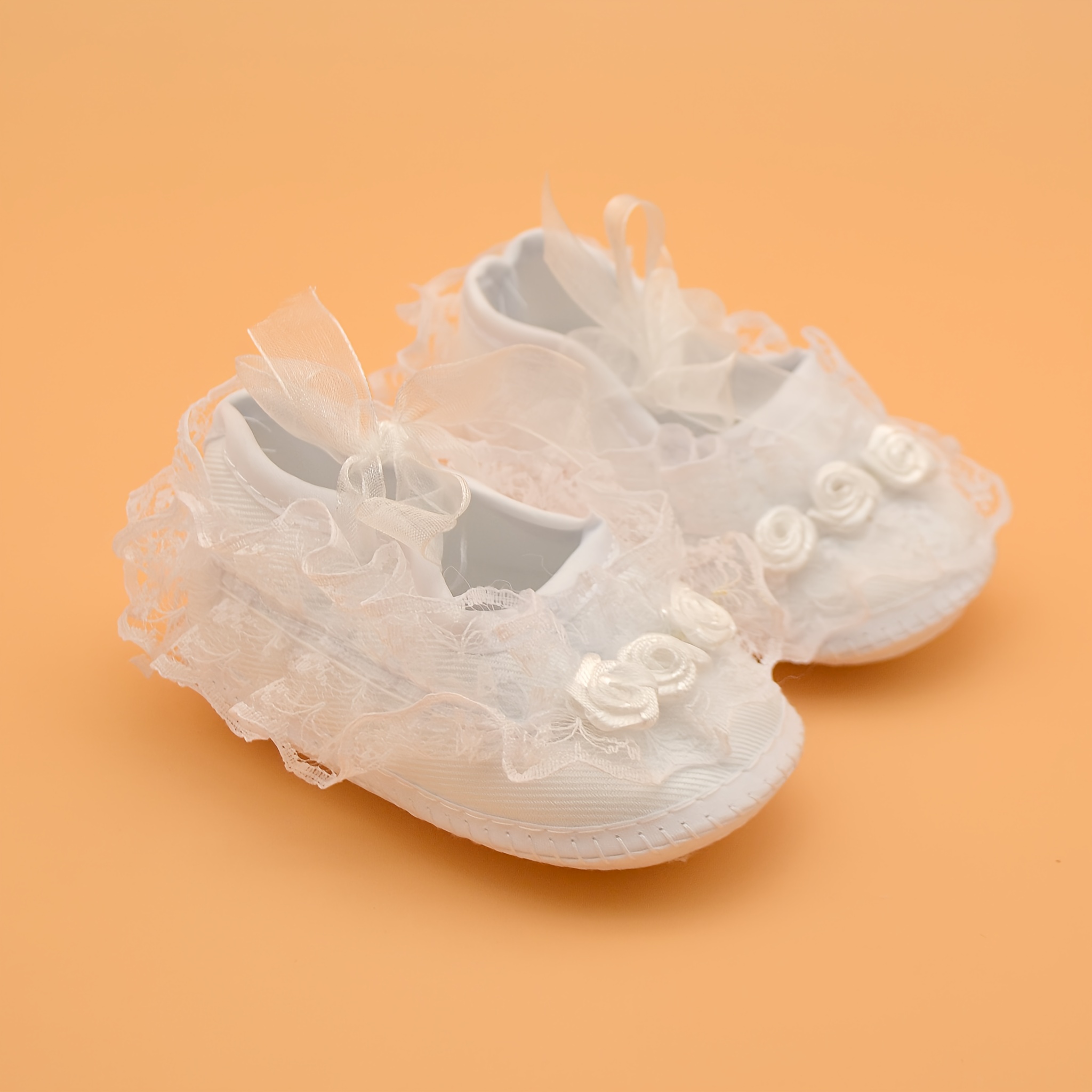 Image of Lace Trim Soft-soled Children's Boots With Rose Floral Fabric Sole, Flat-bottomed Non-slip Baby Shoes For Toddlers, White