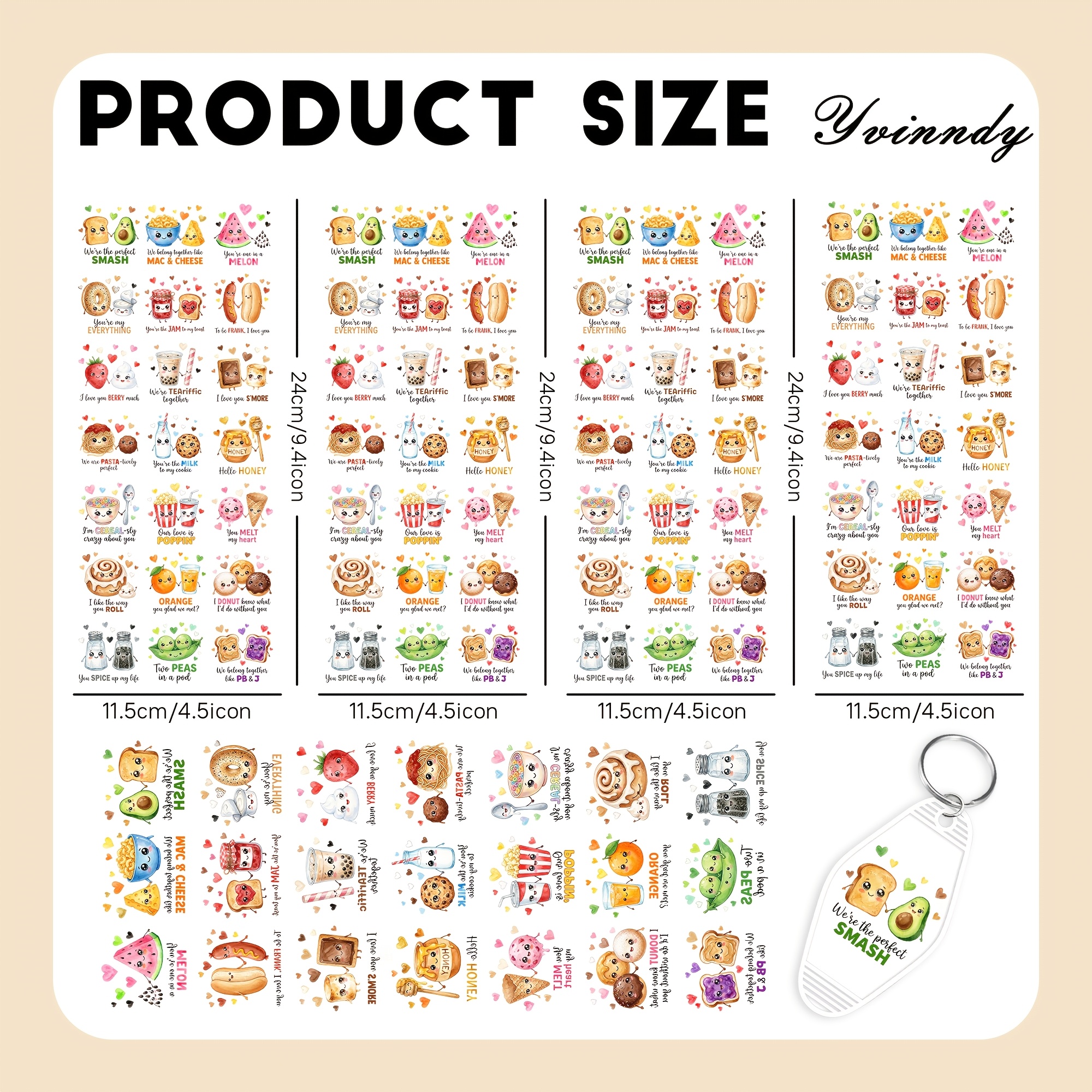 TEMU 105pcs Set Of Intriguing Food Combinations Featuring Uv Dtf Transfer With Strong Adhesive, Perfect For Projects, Office Materials, And Keychain