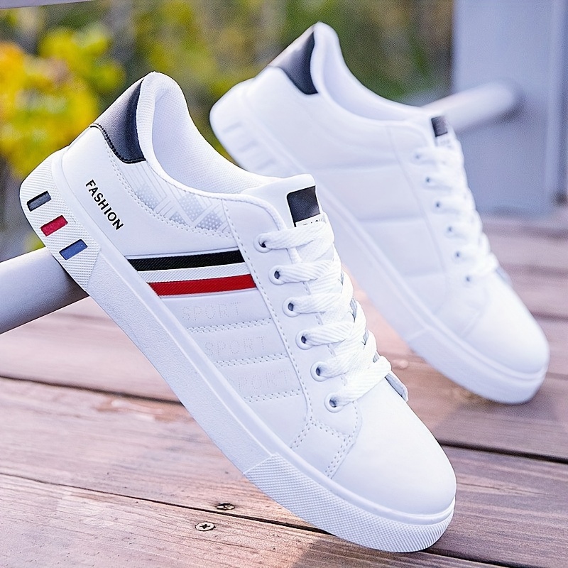 

Men's Trendy Solid Skateboard Shoes With Color Block Stripes, Non Slip Lace Up Low Top Sneakers, Comfy For Outdoor Campus Casual Activities Jogging Walking Traveling