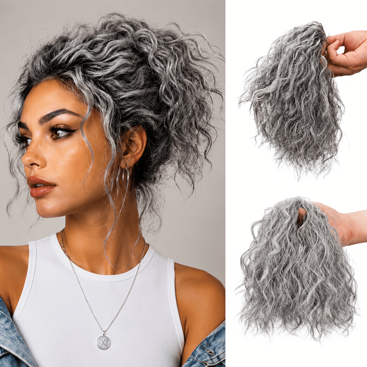 TEMU Extension per capelli a con scrunchie a disordinate grigio argentato, ciocca soffice e , accessorio per capelli naturale e voluminoso per uso da