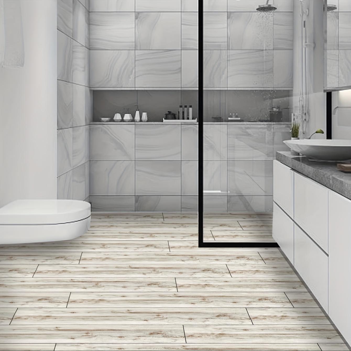 TEMU 6/12pcs Carreaux de Sol en Vinyle à Coller et Décoller - Revêtement Imperméable à Motif Bois Réaliste, Installation Facile pour Salle de Bain