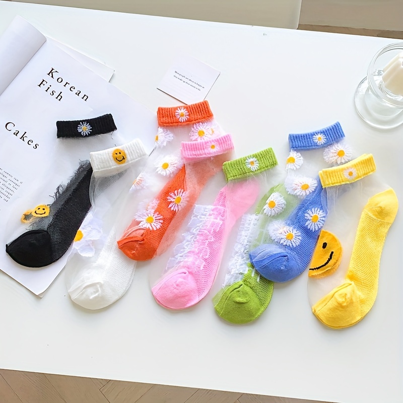 7 Pairs Women's Short Socks Breathable Small Daisy Summer Thin Invisible Socks Glass Shallow Mouth Socks Sweet Transparent Crystal