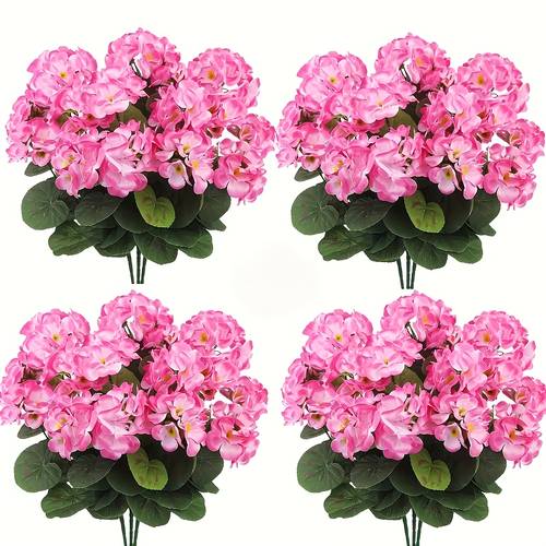 4 stück = 120 blüten uv-beständige geranien - leuchtend rosa kunstblumen mit grünen blättern, ideal für innen- außenbereich, veranda-deko, garten, terrasse, wohnaccessoires, hochzeits- verlobungsanlässe, künstliche außenblumen, hochzeitsdeko, lebendige blumenarrangements, realistisches blütenblatt