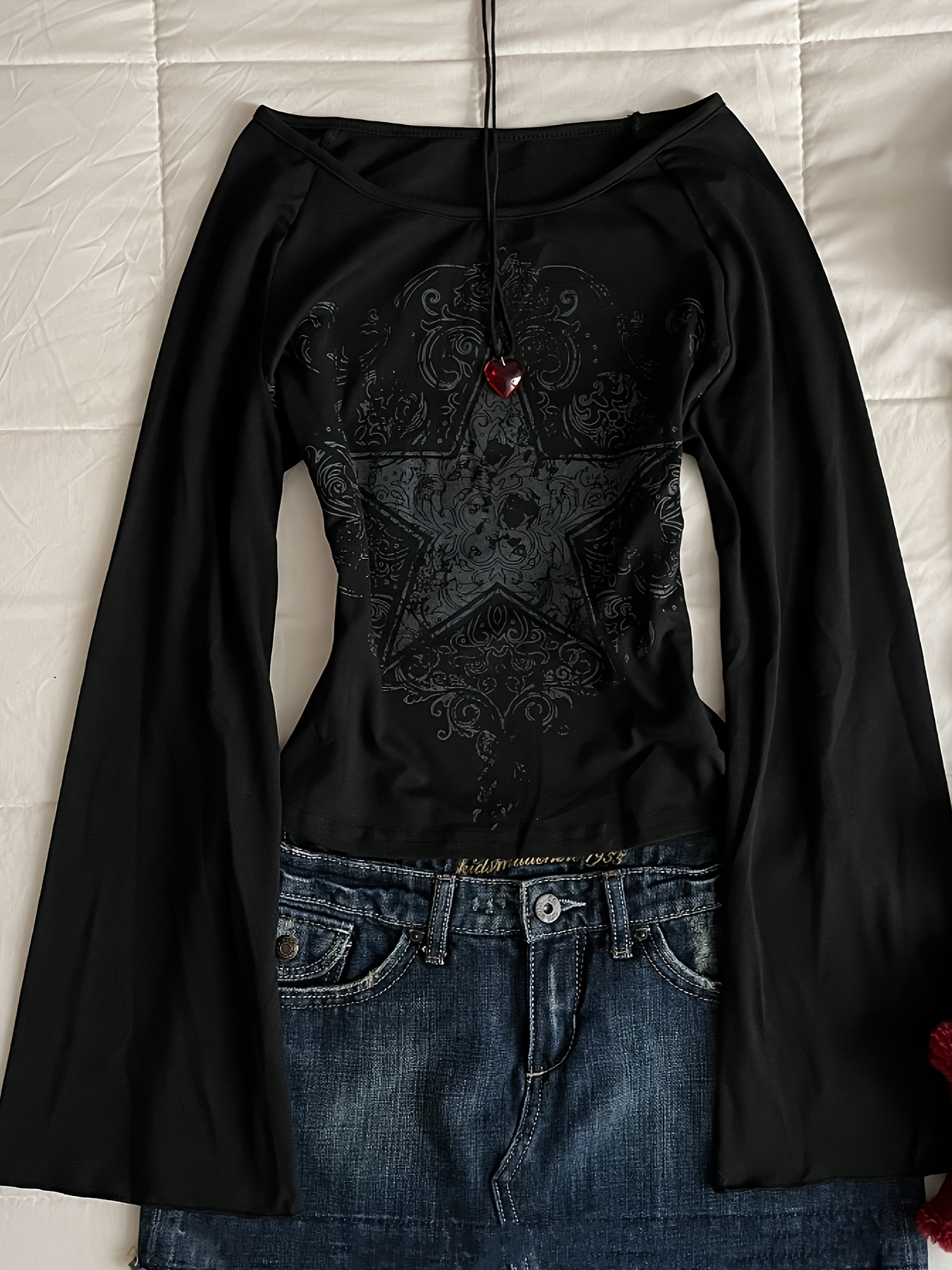 y2  long sleeve t shirt with sun moon print black casual womens top for spring summer fall casual wear y2k fashion construction black 0