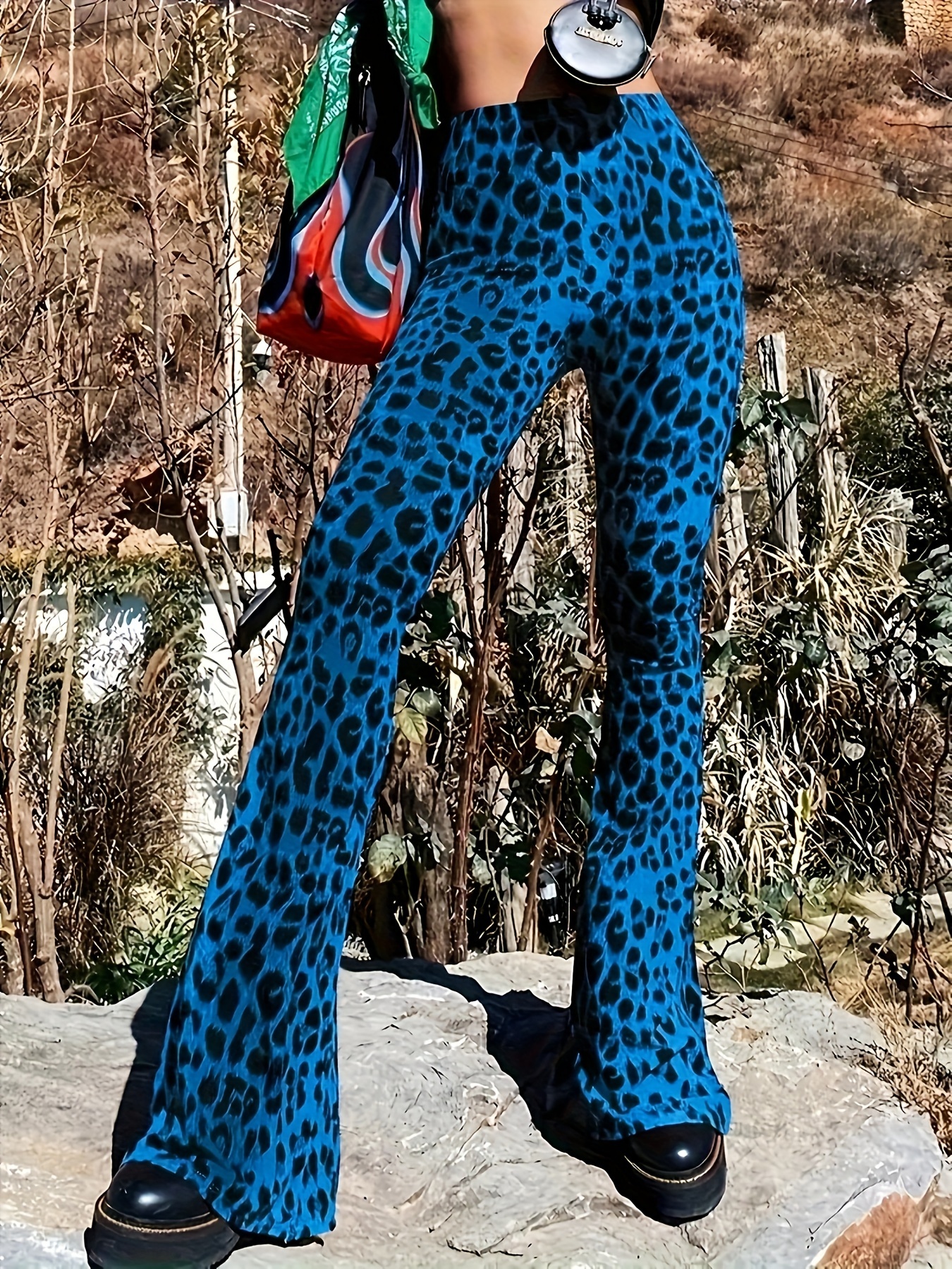 1pc Stylish Leopard Print Flare Pants Sexy Stretch Polyester Spandex  Blend, Machine Washable, Opaque Fabric, Medium Spring