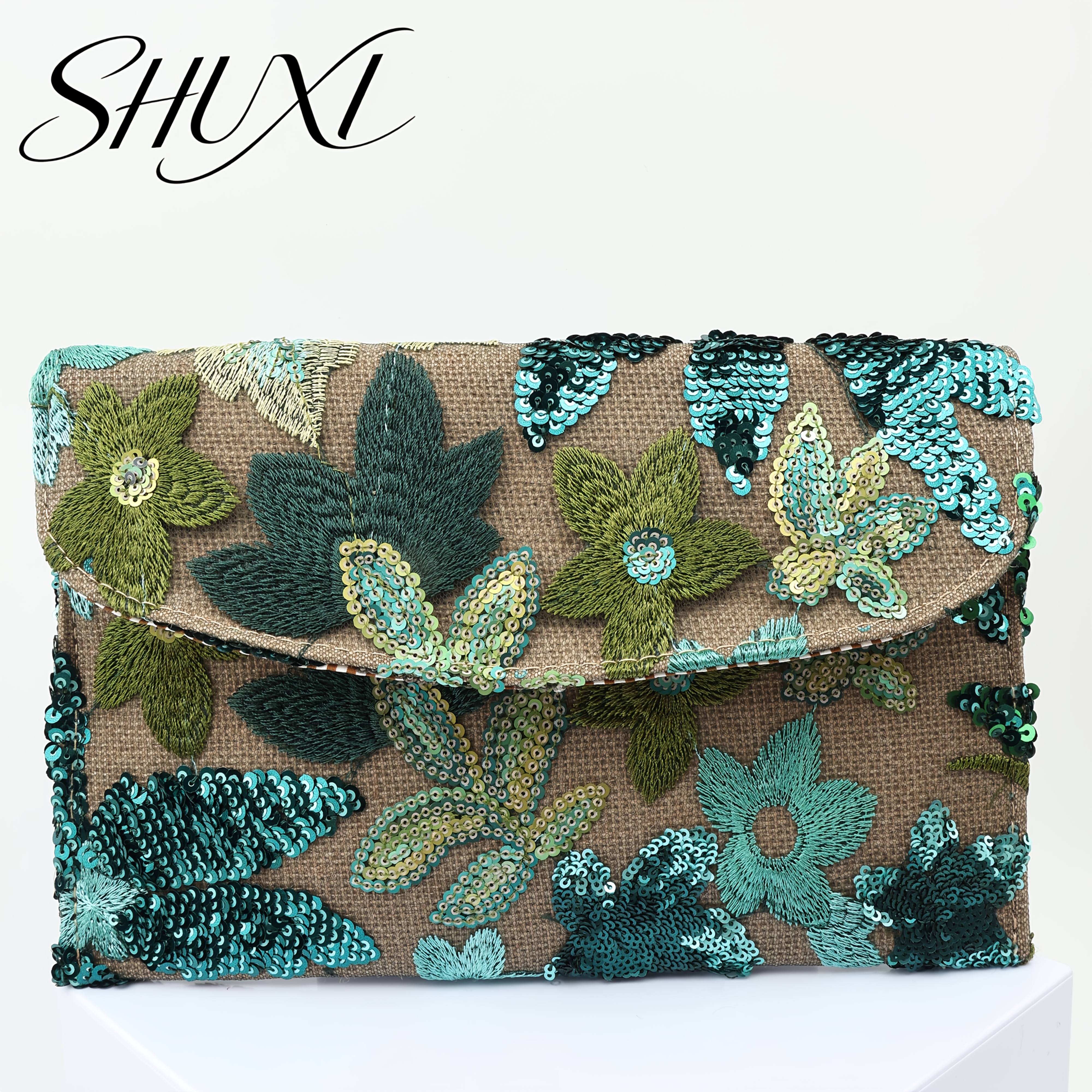 TEMU Women's Evening Clutch, Peacock Green Sequin Embroidered Floral Pattern Envelope Bag, Random Pattern, Suitable For Banquets, Balls, Parties, And