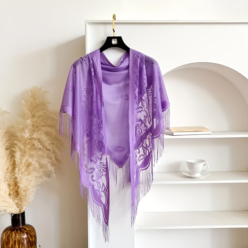 TEMU Châle Élégant et Sophistiqué pour Femme | Motif Floral Découpé Vintage + Bordure à Franges | Style en Transparente | Écharpe Décorative Élégante