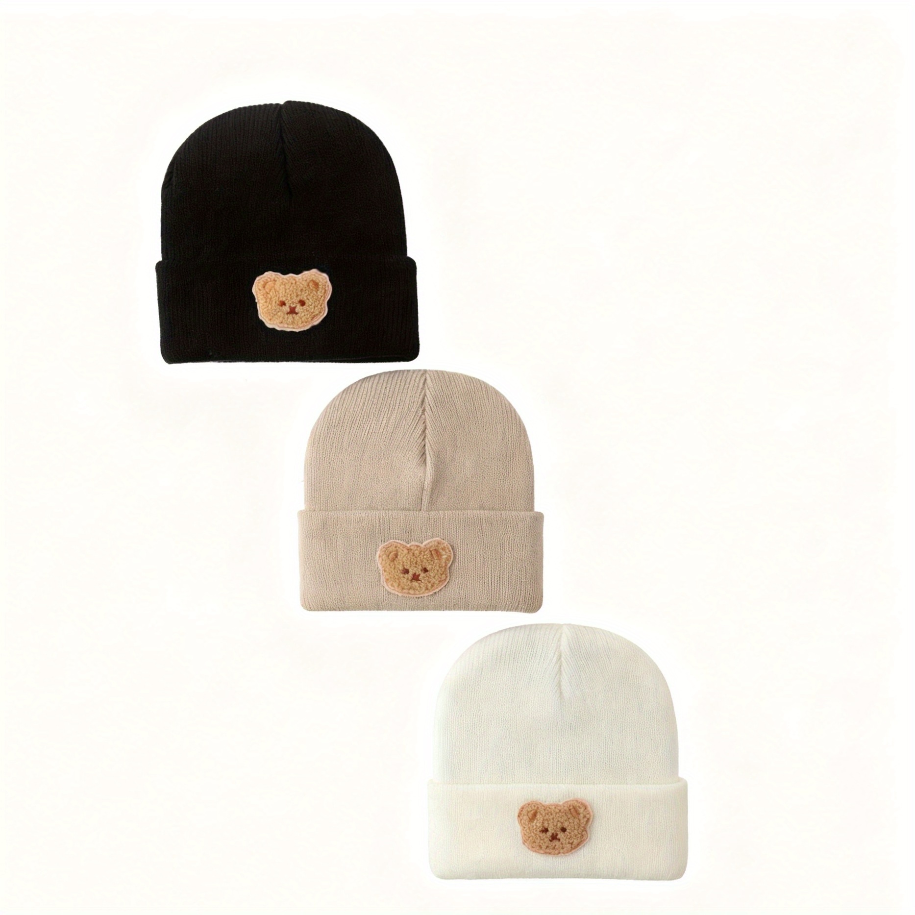 3pcs Towel Embroidered Bear Cute Animal Accessory Baby Knit Hat, Infant Outdoor -layer Thickened Brimless Cap, Kids' Hat, Holiday, Christmas Gift