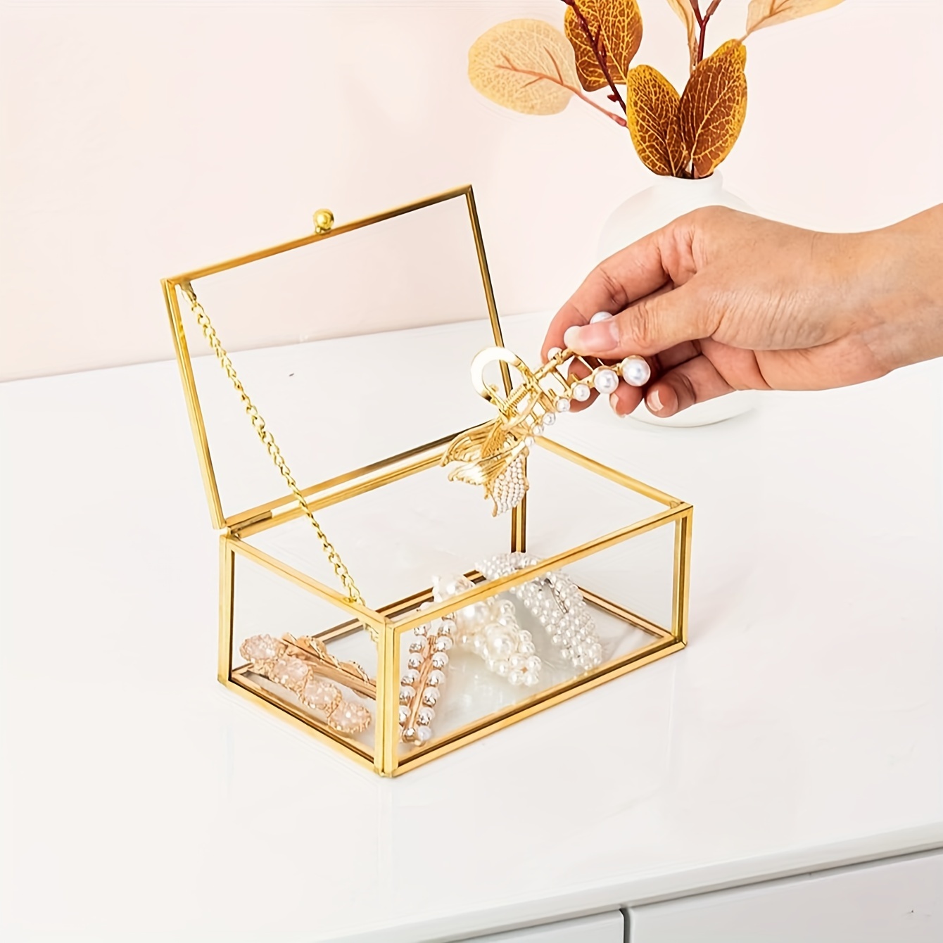 

Gold Clear Jewelry Box, Makeup Earring Box, Display Decoration Box Decoration Desktop