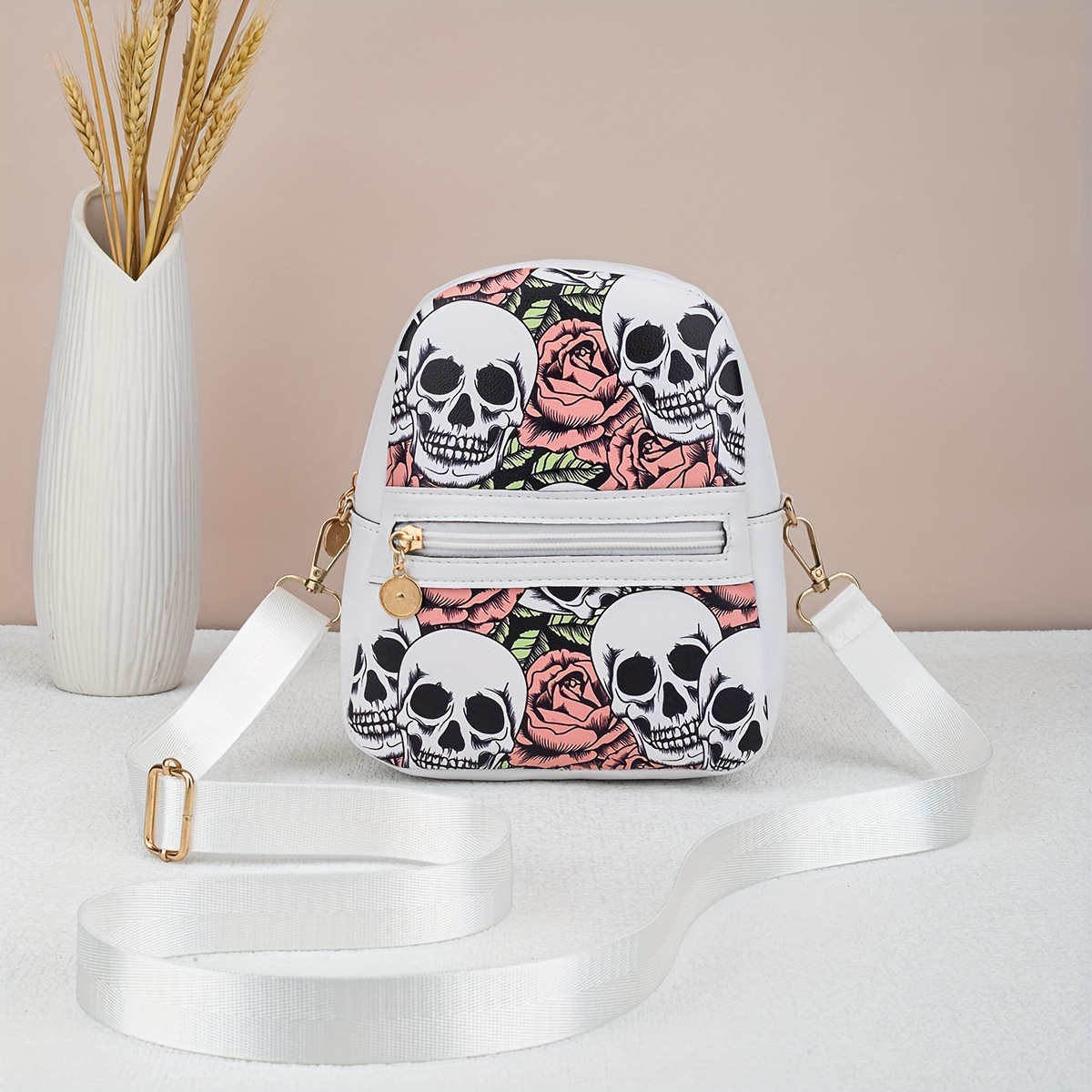 

1pc Fashion Skull And Rose Print Crossbody Bag For Women, Lightweight Leather Shoulder Purse With Removable Strap, Zipper Closure, Polyester Lined, Occasion- Bag, Fashion Style, Occasion Theme